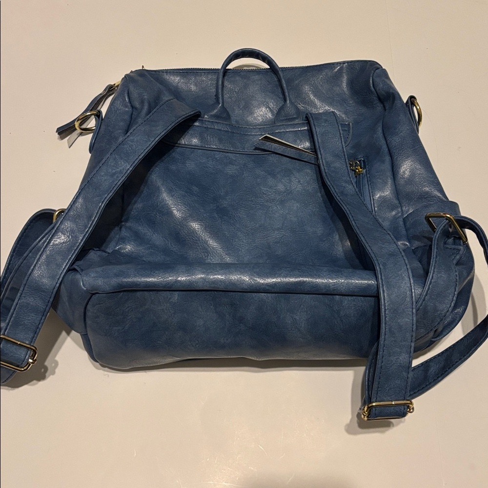 Blue Faux Leather Backpack with Front Zipper Pockets